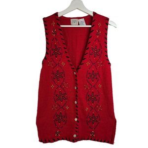 VTG Women's Size M Silk Blend Tunic Cardigan Sweater Vest Red Beaded V-Neck Red